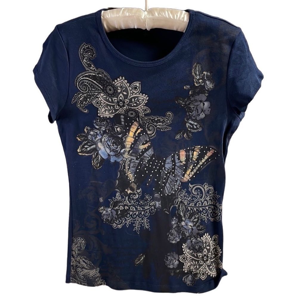 BLEU Ladies Floral Embellished Butterfly Scoop Neck Top Witchy Goth Grunge SizeS